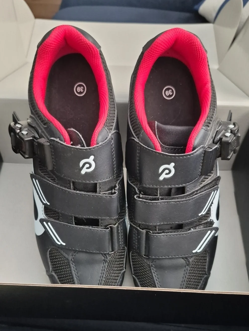 Peloton Women’s Black Cycling Shoe with Red Interior and White Accent